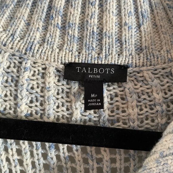 Talbots Sz MP Blue Spray Tape Preppy Coastal Open Stitch Sailor Collar Sweater - Picture 8 of 10